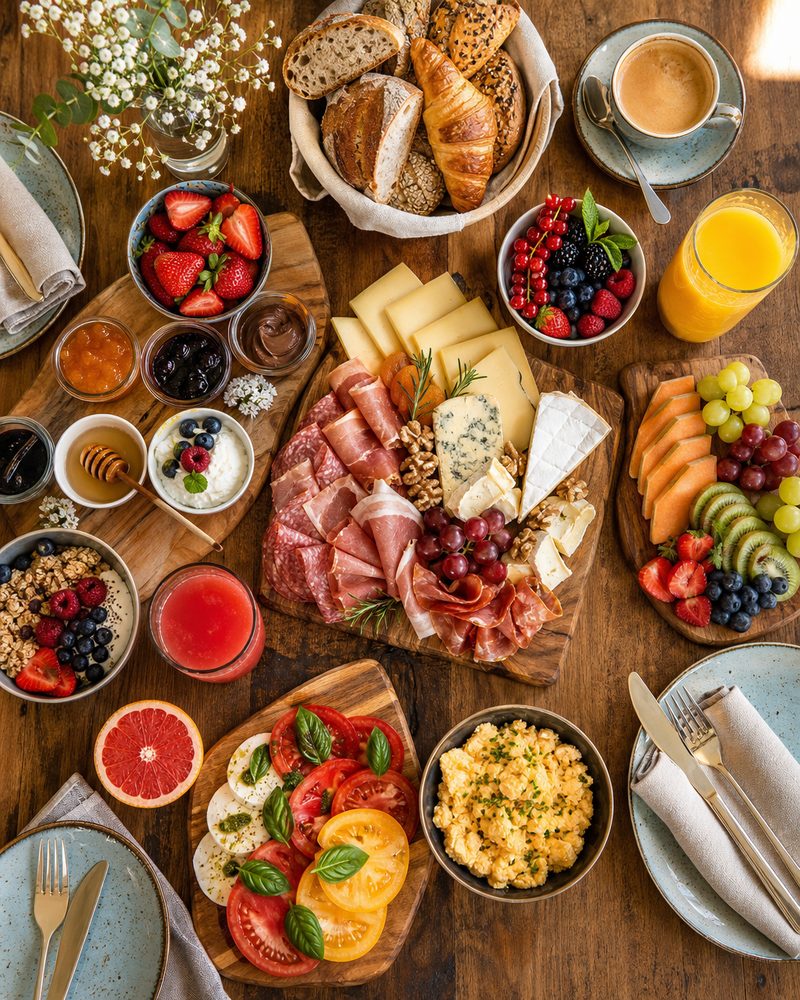 Luxuriöses Frühstücksbuffet mit Wurst, Käse und frischen Früchten