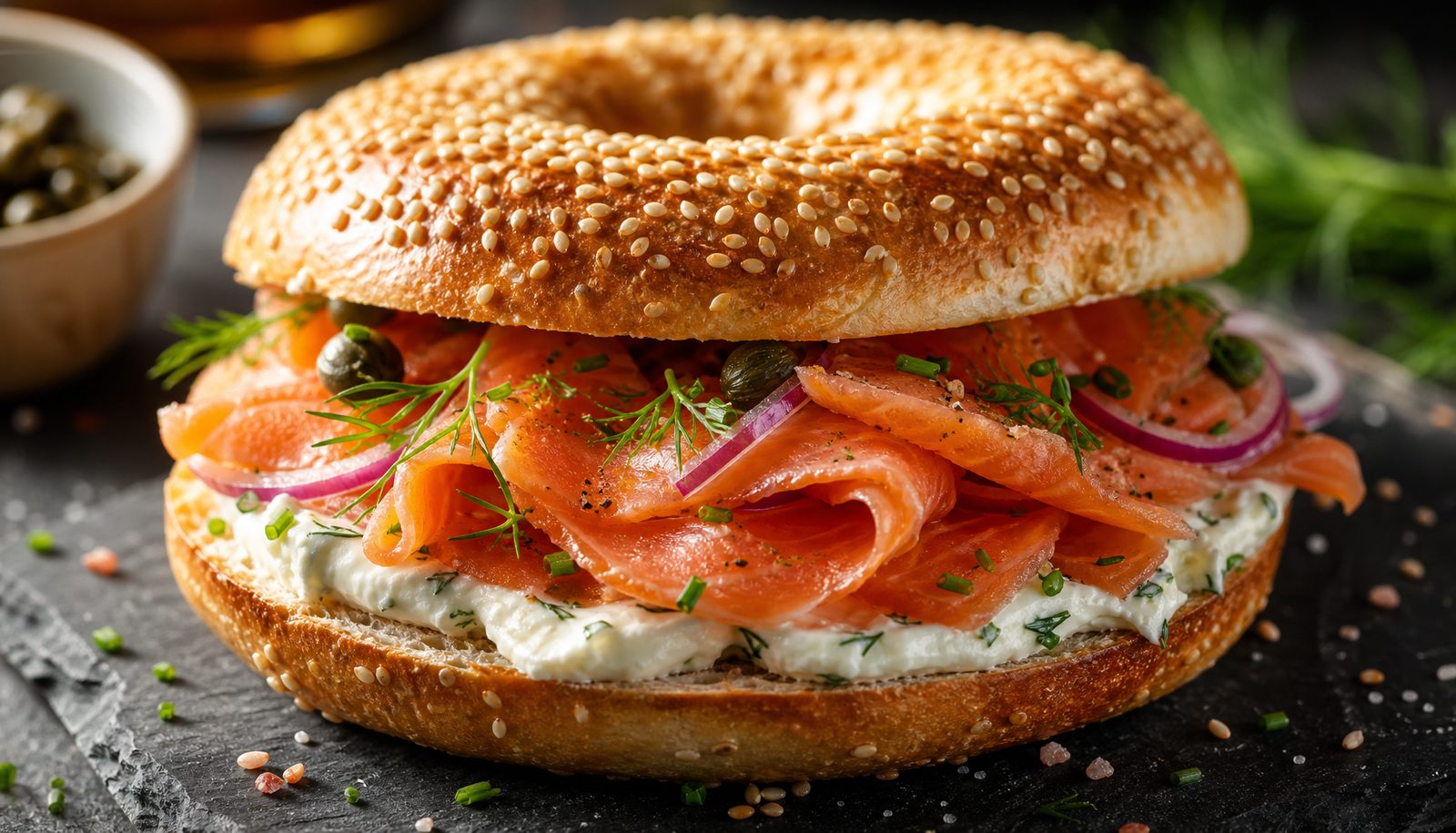 Frisch belegter Original amerikanischer Bagel mit Räucherlachs