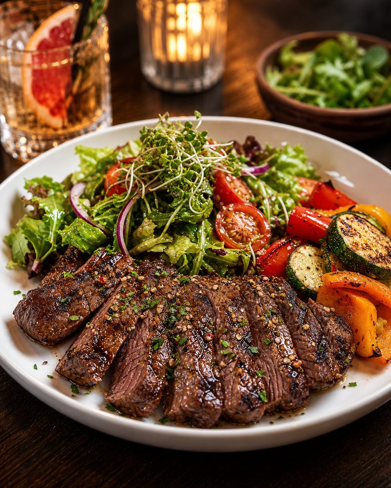 Mittagsgericht: Gegrilltes Büffelfleisch mit Salat